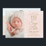 2 Photo Quinceanera Chic Blush Pink Gold Glitter Save The Date<br><div class="desc">Time flies! Invite family and friends to an elegant Quinceañera celebration for her with this stylish 2 photo blush pink and gold 3.5"x5" save the date invitation. (IMAGE PLACEMENT TIP: An easy way to center a photo exactly how you want is to crop it before uploading to the Zazzle website.)...</div>