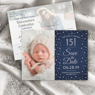 2 Photo Quinceanera Chic Navy Blue Save the Date Invitation Postcard