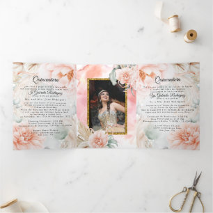 2 Photo Quinceanera English Español Coral Rose Tri-Fold Invitation