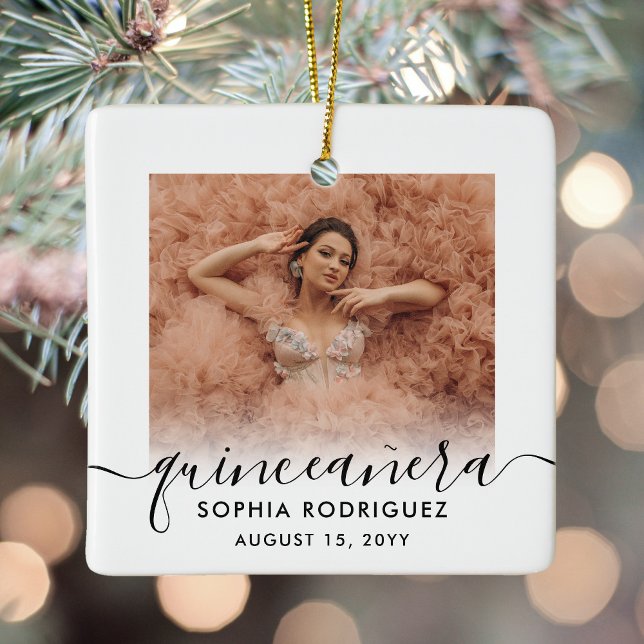 2 Photo Quinceañera Keepsake 15th Birthday Modern Ceramic Ornament (Creator Uploaded)