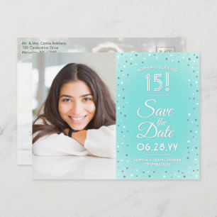 2 Photo Quinceanera Teal Blue Silver Save the Date Invitation Postcard