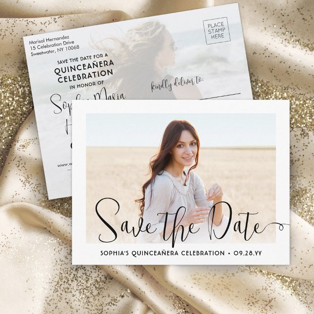 2 Photo Quinceañera Trendy Script Save the Date Announcement Postcard (Creator Uploaded)