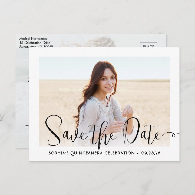2 Photo Quinceañera Trendy Script Save the Date Announcement Postcard (Front/Back)