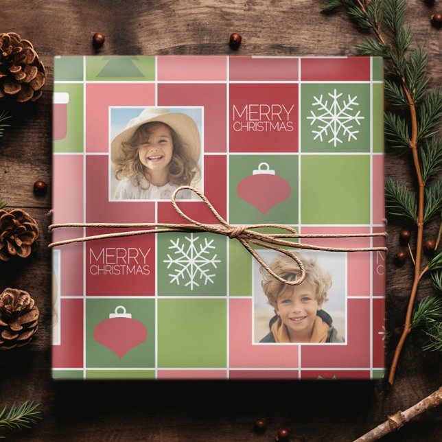 2 Photo Red Green Colour Block Merry Christmas Wrapping Paper (Personalized Christmas Wrapping Paper - Add your Photo for a festive gift!)
