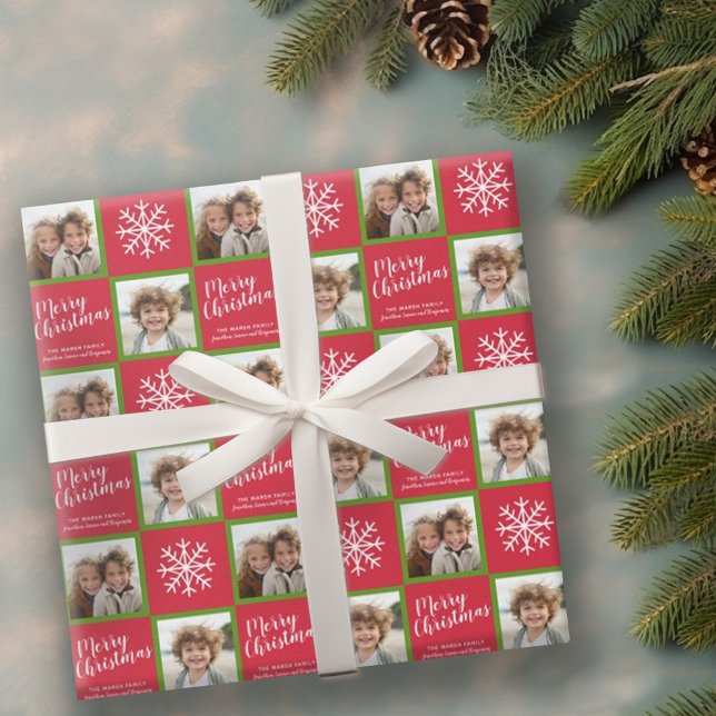 2 Photo - Red Green Merry Christmas Snowflakes Wrapping Paper (Personalized wrapping paper with 2 photos)