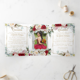 2 Photo Red Peony Mis Quince Años Tri-Fold Invitat Invitation