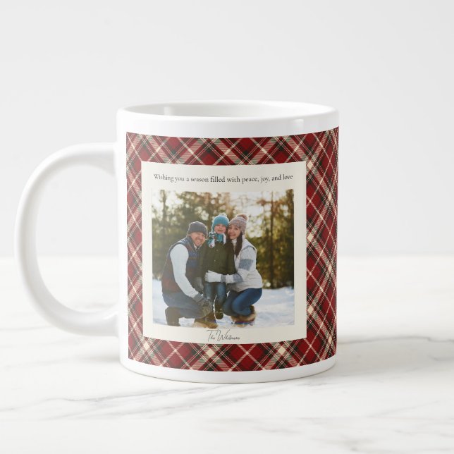 2 Photo Red Plaid Rustic Monogram Trendy Christmas Large Coffee Mug (Left)