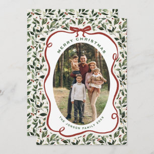 2 Photo Retro Christmas Hand Drawn Red Bow Ribbon Holiday Card