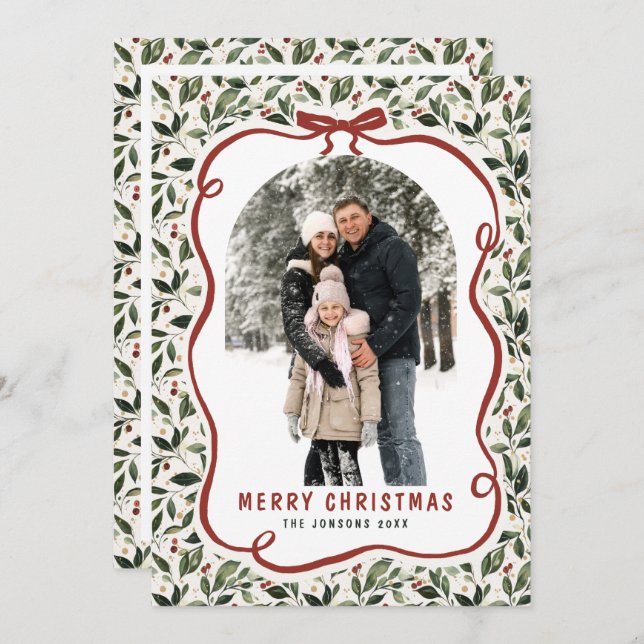 2 Photo Retro Christmas Hand Drawn Red Bow Ribbon Holiday Card (Front/Back)
