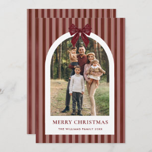 2 Photo Retro Christmas Red Bow Burgundy Stripped Holiday Card