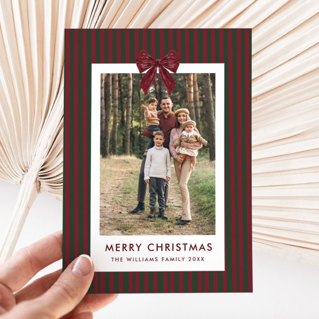 2 Photo Retro Christmas Red Bow Green Stripped Holiday Card (Creator Uploaded)