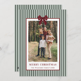 2 Photo Retro Christmas Red Bow Green Stripped Holiday Card