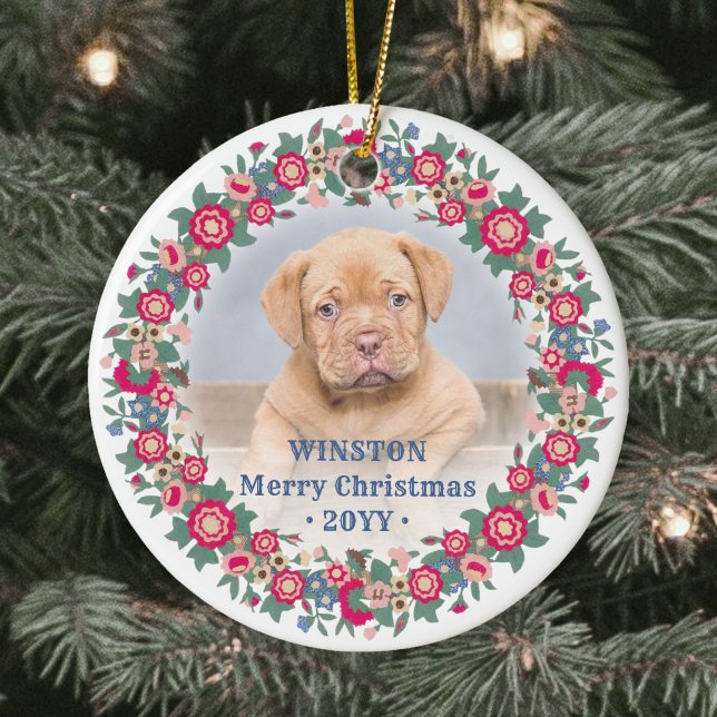 2 Photo Retro Holiday Floral Christmas Wreath Ceramic Tree Decoration (Creator Uploaded)