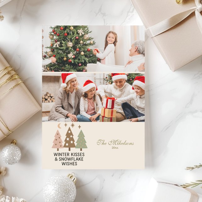 2 Photo Retro Winter Kisses & Snowflake Wishes Holiday Card (Creator Uploaded)