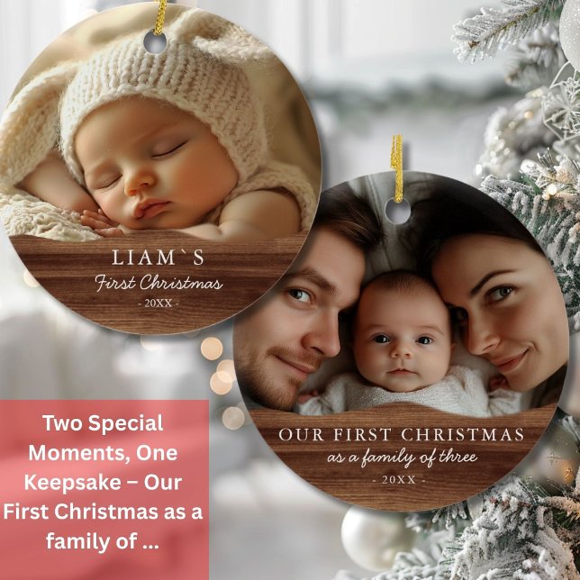 2 Photo´s  Baby's First Christmas - Rustic Wood Ceramic Tree Decoration (2 Photo´s Baby's First Christmas - Rustic Wood Ceramic Ornament)
