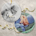 2 Photo Script Baby Birth Stats Announcement Ceramic Tree Decoration<br><div class="desc">Modern gold photo baby birth announcement ornament to introduce your beautiful newborn baby. The front features a photo of your baby, chic gold and black text for your baby's name and birth stats, and a second photo on the reverse. A lovely keepsake to celebrate your new arrival! Designed by Thisisnotme©...</div>