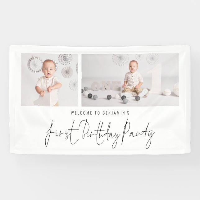 2 Photo Script Welcome First Birthday Party Banner (Horizontal)