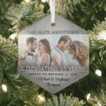 2 Photo Silver 25th Wedding Anniversary Keepsake Glass Tree Decoration<br><div class="desc">Celebrate a joyful silver 25th wedding anniversary with a custom 2 photo "Married 25 Years" hexagon-shaped glass Christmas ornament. The pictures and all wording on this template are simple to personalise. The black and grey design features a faux brushed silver background, stylish vintage art deco style typography, the couple's names...</div>