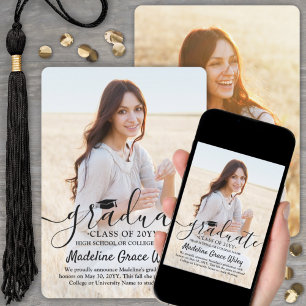 2 Photo Simple Overlay Black Script Graduation Announcement
