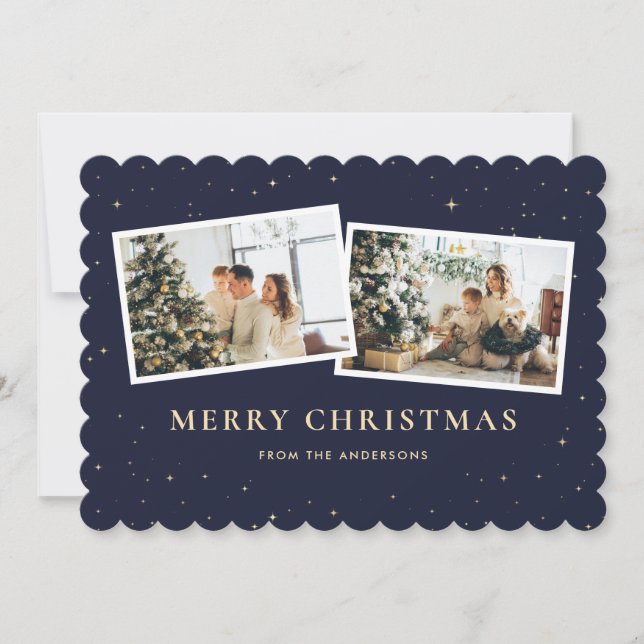 2 Photo Starry Blue Merry Christmas Holiday Card (Front)