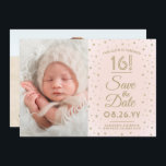 2 Photo Sweet 16 Birthday Blush Gold Save the Date<br><div class="desc">Invite family and friends to an upcoming Sweet 16th celebration for her with this stylish 2 photo blush pink and gold 3.5"x5" save the date invitation. (IMAGE PLACEMENT TIP: An easy way to center a photo exactly how you want is to crop it before uploading to the Zazzle website.) Design...</div>