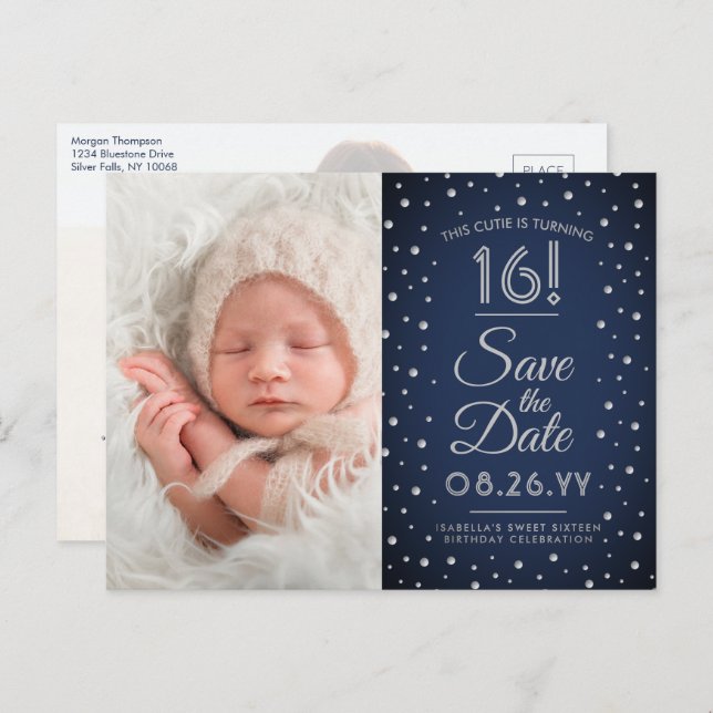 2 Photo Sweet 16 Birthday Navy Blue Save the Date Invitation Postcard (Front/Back)