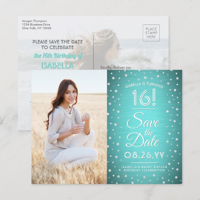 2 Photo Sweet 16 Birthday Save the Date Teal Blue Invitation Postcard (Front/Back)