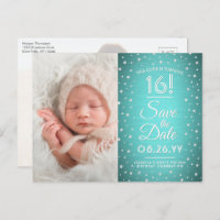 2 Photo Sweet 16 Birthday Teal Blue Save the Date