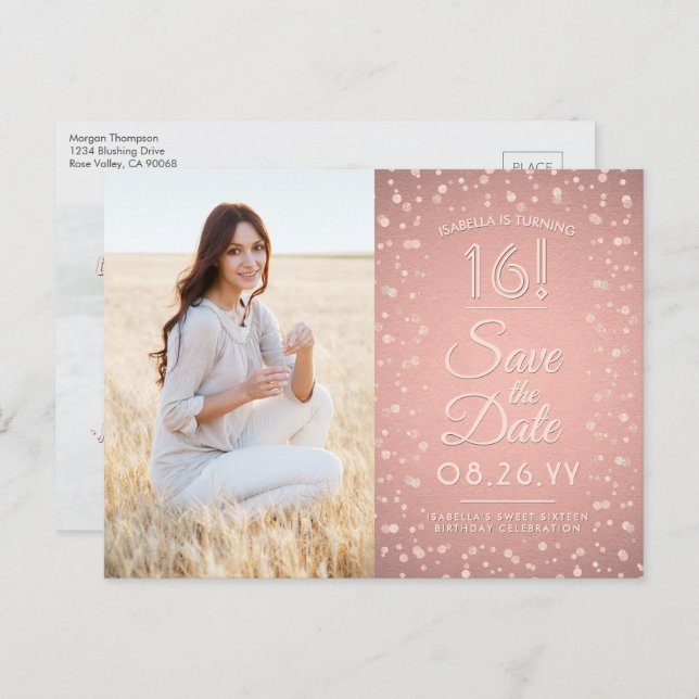 2 Photo Sweet 16 Save the Date Rose Gold Glitter Invitation Postcard (Front/Back)