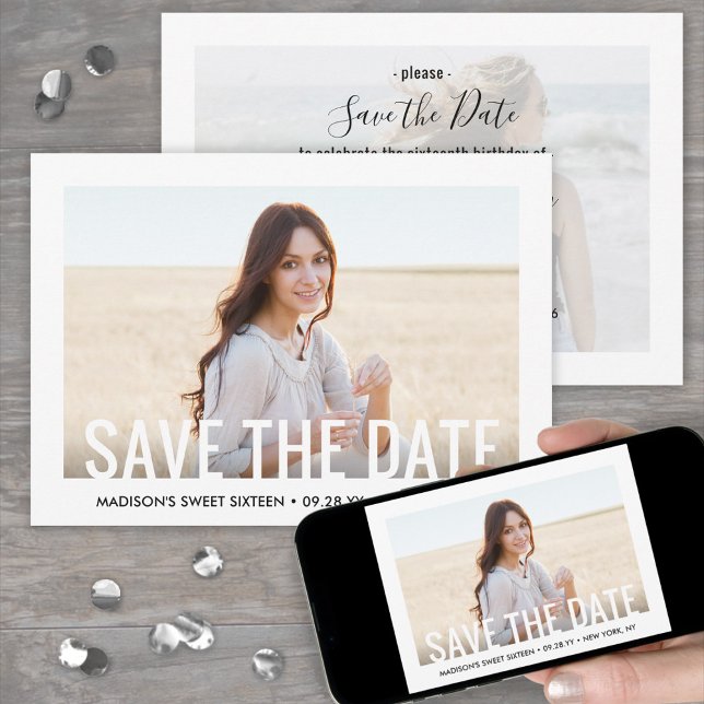 2 Photo Sweet 16th Birthday Party Modern Sixteenth Save The Date (Creator Uploaded)