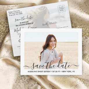 2 Photo Sweet 16th Birthday Script Save the Date Announcement Postcard
