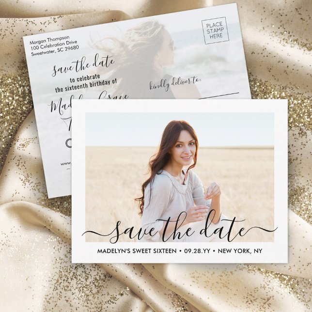 2 Photo Sweet 16th Birthday Script Save the Date Announcement Postcard (Creator Uploaded)