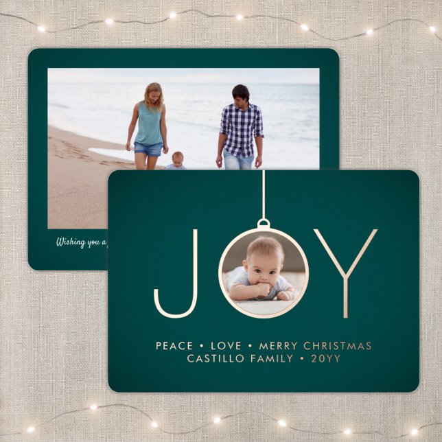 2 Photo Teal Green Modern Joy Christmas Ornament (Creator Uploaded)