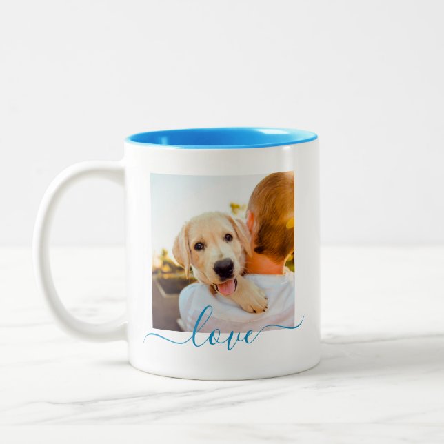 2 Photo Template Double Sided Love Text Light Blue Two-Tone Coffee Mug (Left)