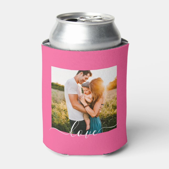 2 Photo Template Love Text Double Sided Pink Can Cooler (Can Front)