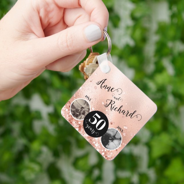 2 Photo Then and Now ANY YEAR Wedding Anniversary Key Ring (Hand)