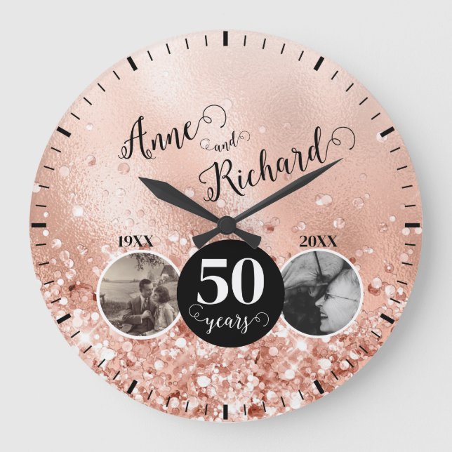 2 Photo "Then and Now" Wedding Anniversary Large Clock (Front)