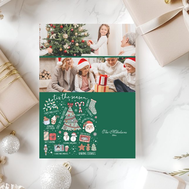 2 Photo Tis The Season Retro Green Christmas Holiday Card (Creator Uploaded)