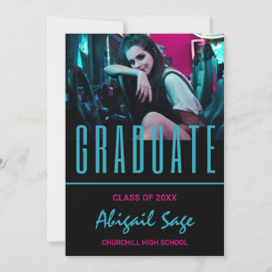 2 Photo Trendy Modern Aqua Pink Black Graduation Invitation