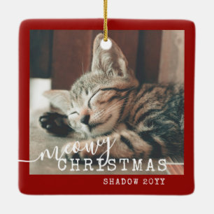 2 Photo Two Cats Meowy Christmas Rustic Red Cerami Ceramic Ornament