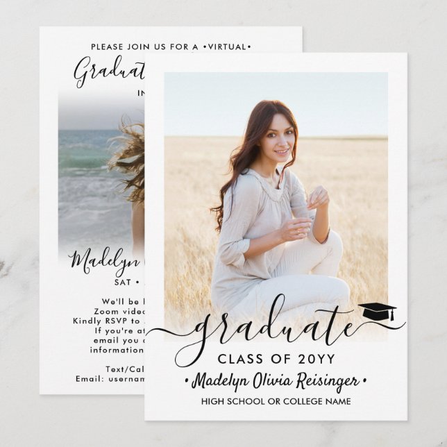 2 Photo Virtual Graduation Party Elegant Script Invitation (Front/Back)