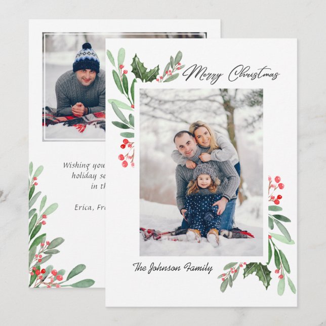 2 PHOTO Watercolor Mistletoe Holly Berry Christmas Holiday Card (Front/Back)