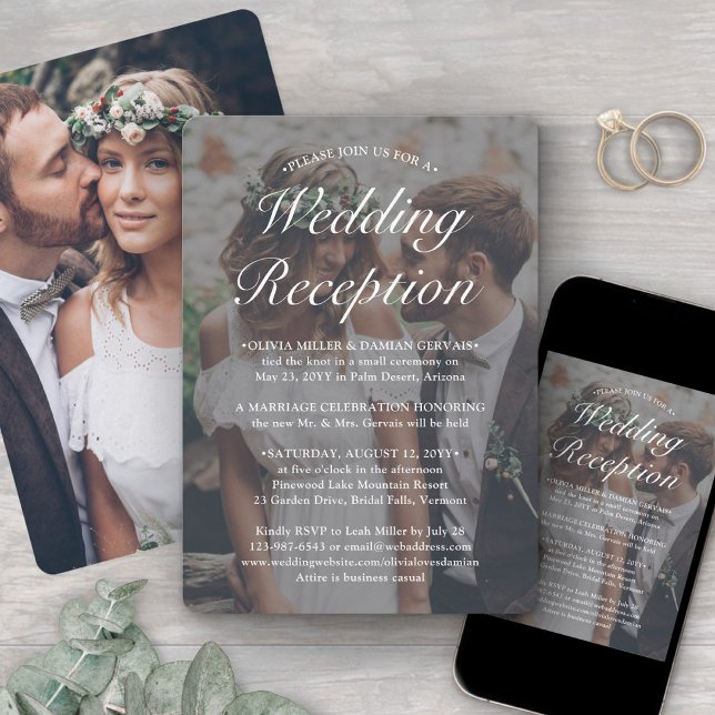 2 Photo Wedding Reception Only Elegant White Text Invitation (Creator Uploaded)
