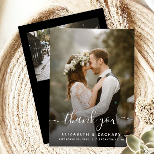 2-Photo Wedding White Script Black Thank You Card