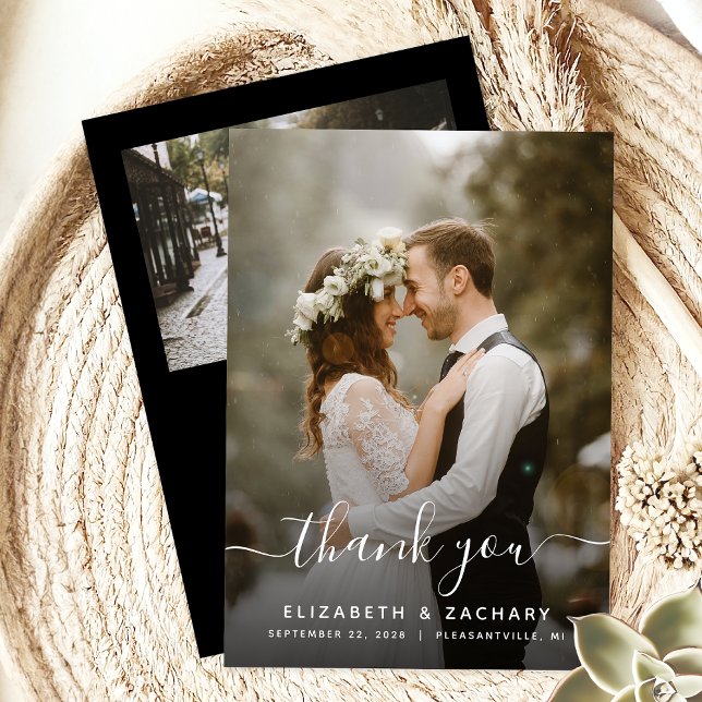 2-Photo Wedding White Script Black Thank You Card (Creator Uploaded)