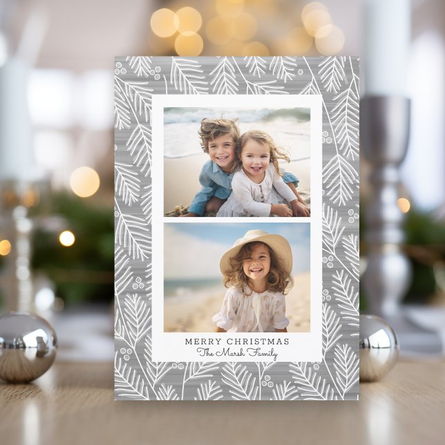 2 Photo White Border with Whimsical Pine Branches Holiday Card (Modern Christmas Photo Greeting Card)