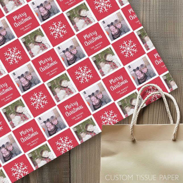 2 Photo with Red - Merry Christmas Snowflakes Tissue Paper (Custom Tissue Paper)