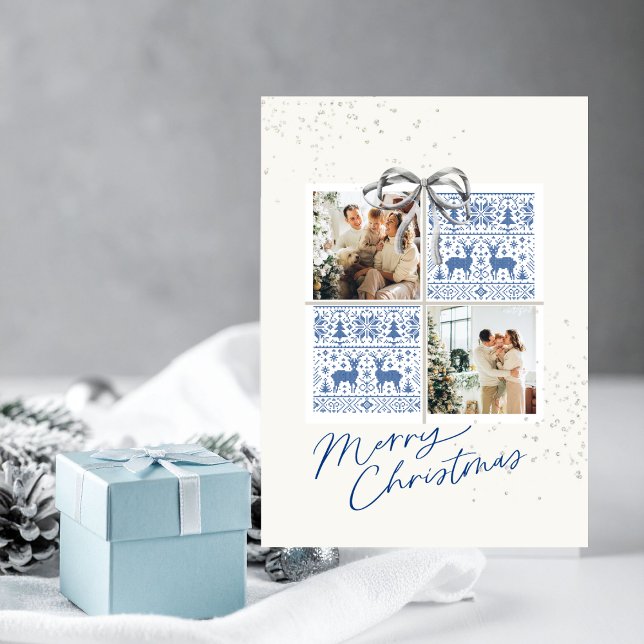 2-Photo X-mas Present Card Nordic Knits Silver Bow (Christmas card with two photo frames and nordic blue knit pattern)