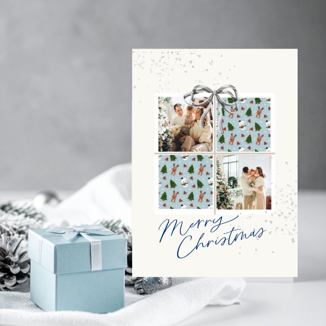 2-Photo X-mas Present Card Rudolph Firs Silver Bow (Christmas card with two photo frames and festive holiday details)