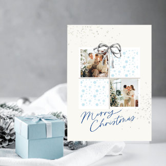 2-Photo X-mas Present Card Soft Snow Silver Bow